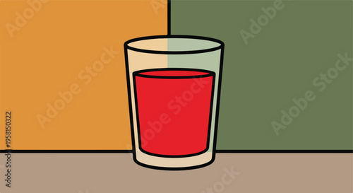 A tall glass filled with red liquid sits on a light brown surface against a split background