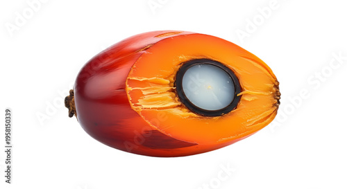 Oil Palm Fruit with Peeled Side Revealing Inner Flesh Isolated on White Background