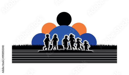 A black and white silhouette of children running across a park lawn, bold geometric semicircles rising behind like abstract sun forms, thin horizontal lines