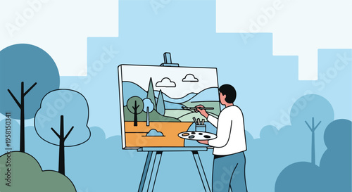 Artist paints a landscape on an easel outdoors, surrounded by stylized trees and sky