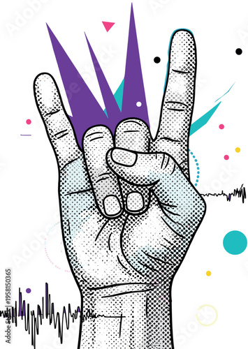 Rock hand gesture illustration with abstract shapes and sound wave elements in modern pop art style isolated on light background