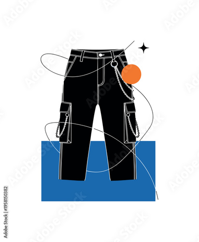 Black and white low-rise cargo pants silhouette with chain accessory detail, bold blue block grounding lower composition, orange circular accent near waistline