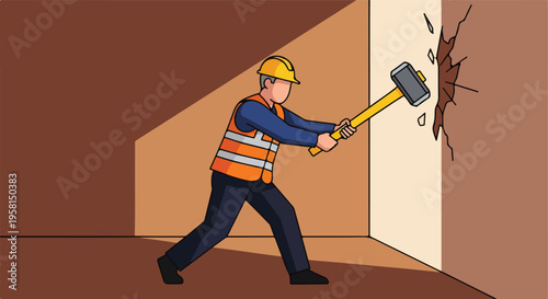 A construction worker in a hard hat and vest uses a sledgehammer to break a wall