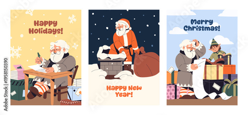 Designs of Christmas postcards set. Festive templates of Xmas greeting cards with Santa Claus and gifts. Layouts with New Year characters, elf, winter holiday presents. Flat vector illustrations
