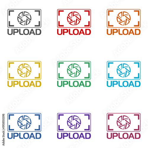 Camera, photo upload icon isolated on white background. Set icons colorful
