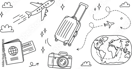 Travel doodle set with airplane, suitcase, passport and world map, hand drawn tourism elements in black and white vector illustration collection