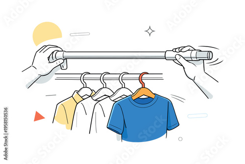 Closet setup. Hands installing a closet rod with hangers already prepared, subtle motion lines showing action. Practical home improvement, readiness, and