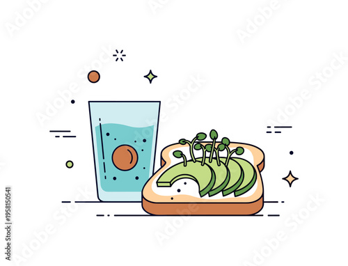 Healthy vegetarian breakfast depicted by a toast topped with sliced avocado and sprouts beside a small smoothie glass, symbolizing energy and mindful morning