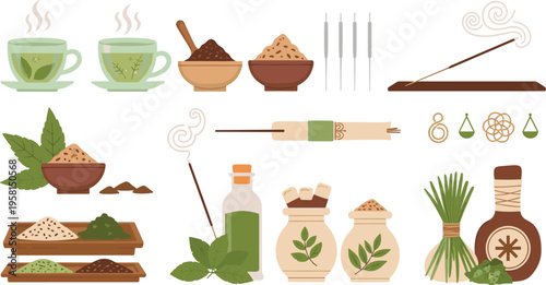 Traditional herbal tea and incense set with spices, leaves and natural remedies cartoon vector illustration