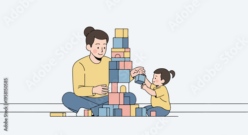 A caring adult and a child joyfully build a tall tower with colorful blocks