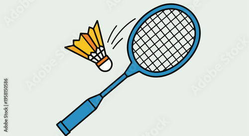 Blue badminton racket and shuttlecock in mid-air, ready for play
