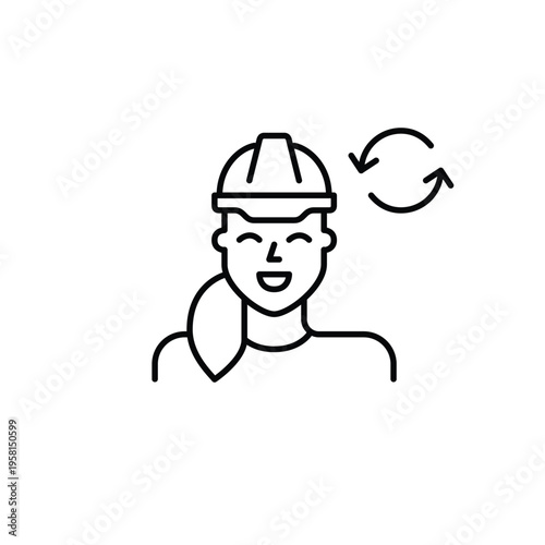 Woman in hard hat and renew arrows. Worker update, safety refresh, construction renewal. Pixel perfect, editable stroke vector icon