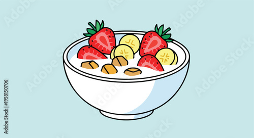 A white bowl overflowing with a healthy breakfast of cereal, sliced bananas, and strawberries