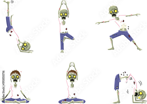 Funny zombie doing yoga poses, cartoon undead character stretching, humorous fitness zombie illustration, spooky Halloween yoga exercises, comic undead workout, playful zombie flexibility art