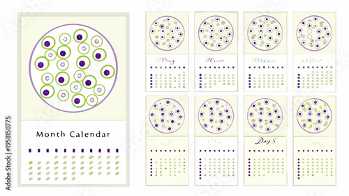 A month calendar depicting cellular division stages with purple cells