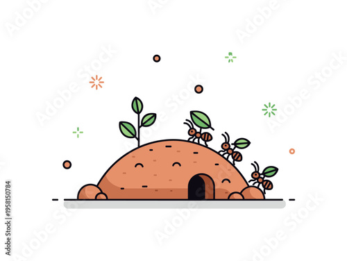 Ant hill mound a tiny rounded dirt mound with a small entrance hole while a few ants walk nearby carrying leaves, creating a playful nature scene. Minimalist