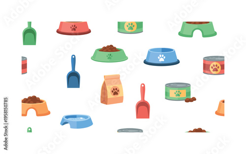 pet feeding accessories bowls scoops kibble bags cans and water dishes illustrated as friendly vector icons, flat vector smooth rounded shapes, saturated