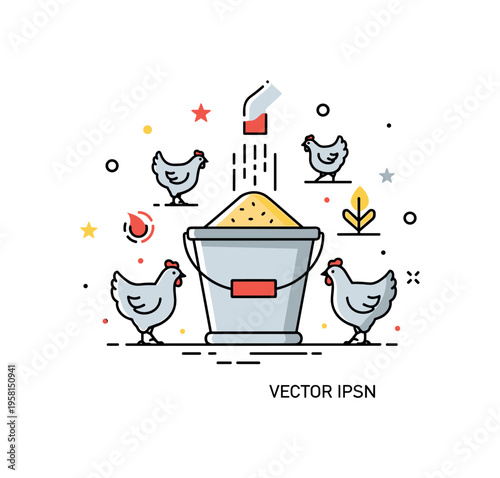 Poultry farm feeding scene represented by a feed bucket accompanied by minimal chicken silhouette icons, symbolizing routine nourishment and efficient farm