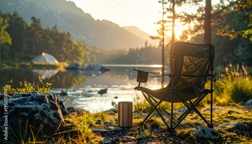 Camping chair at a lake, with tent, trees, mountains, and sunrise