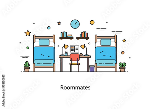 Shared dorm room arrangement featuring two neatly aligned beds and a central study desk with balanced symmetry. A gentle ?Roommates? caption communicates