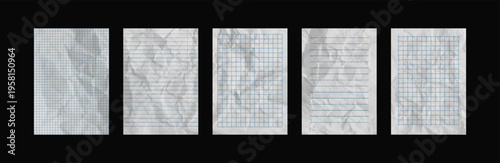 Realistic empty white notebook sheets with crumpled effect vector set, wrinkled line and checkered notepad page blanks