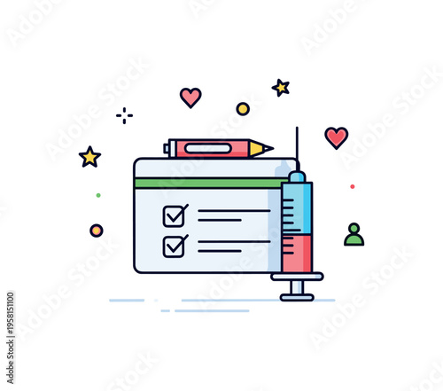 Vaccination record tracking concept centered on a small medical card with check marks and a subtle syringe icon beside it. The scene highlights organization,