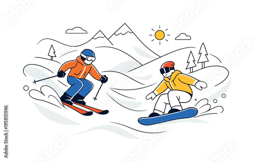Winter Mountain Fun. Skier and snowboarder sharing the slope, sense of motion and teamwork. Abstract snow waves and minimal trees creating a clean alpine