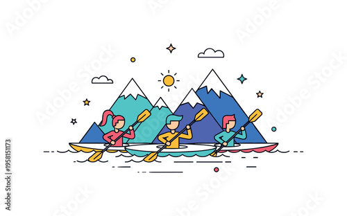 Friends kayaking together three simplified figures paddling in sync on a calm crystal lake framed by bold geometric mountains and a small sun above. A dynamic