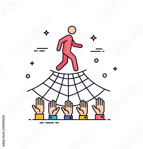 Safety net metaphor simple figure walking above a stylized net held by several small hands below. A symbolic illustration about security, reassurance, and