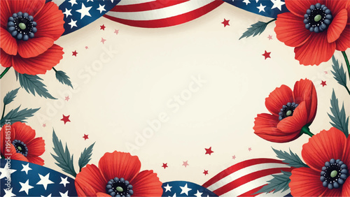 Patriotic floral border with American flag ribbon vector