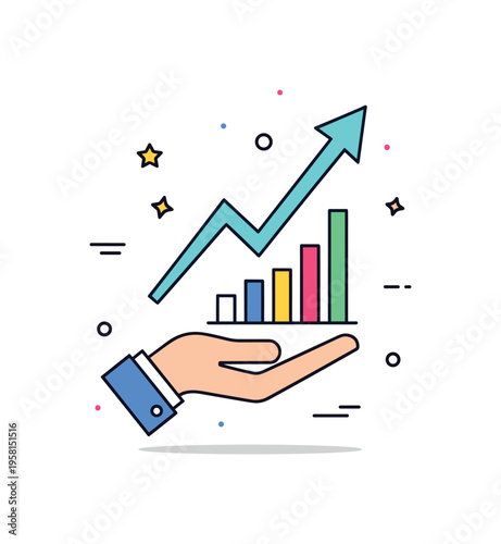 Performance coaching upward arrow emerging from a simple bar chart held by a guiding hand, symbolizing structured improvement and measurable success. A compact