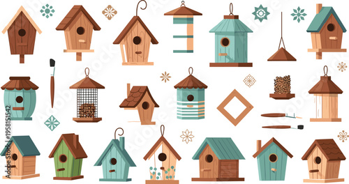 Wooden birdhouses and feeders set with different designs, garden decor cartoon vector illustration