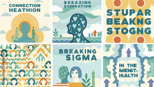 A collage of six colorful abstract illustrations focusing on mental health
