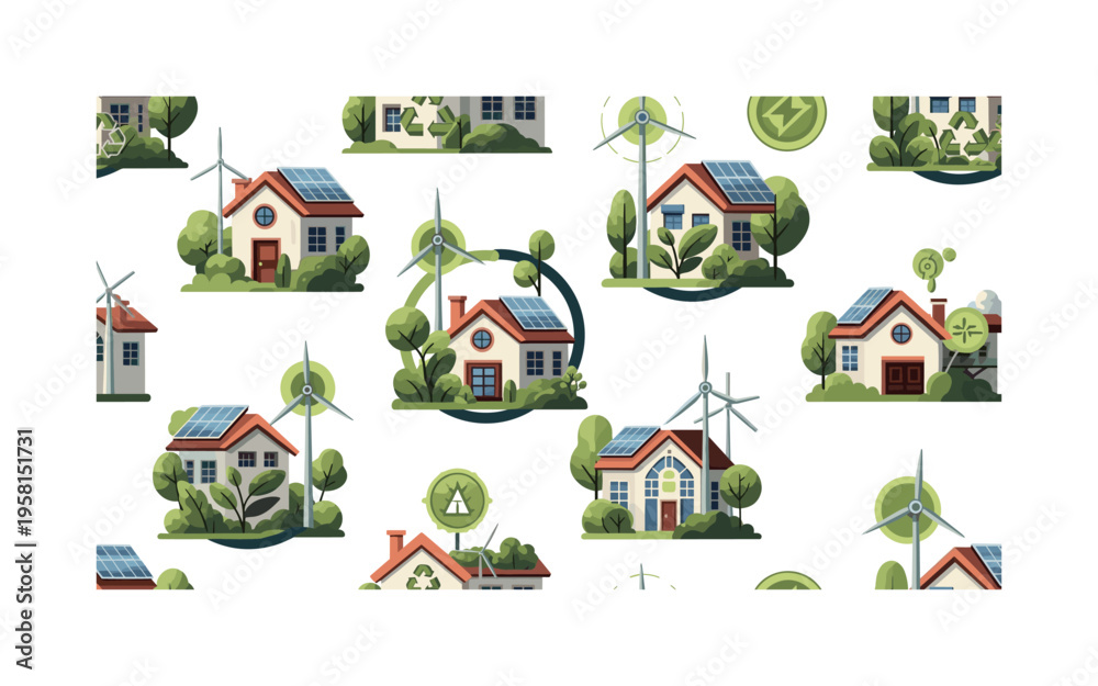 Naklejka premium sustainable architecture icons houses with solar panels plants wind turbines and energy symbols arranged as eco motifs, flat vector rounded geometry, rich