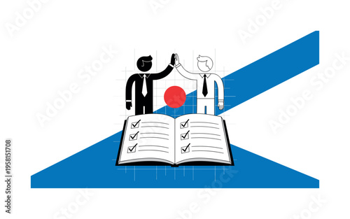 Black and white friends high-fiving above an open notebook filled with checkmarks, red circle placed at the center intersection of their hands, intersecting