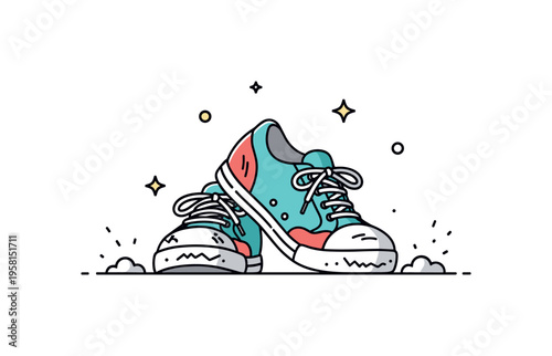 Scuffed shoes everyday wear a pair of sneakers with visible scuff marks and worn edges resting on the ground, small dust particles and tiny stars highlighting
