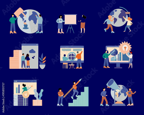 Diverse group collaborating on global business and technological advancements