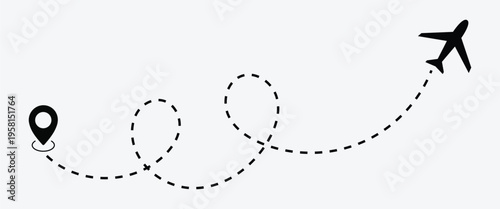 Dotted Flight Path Vector with Airplane Silhouettes Showing Travel Routes Curved Loop and Straight Navigation Paths