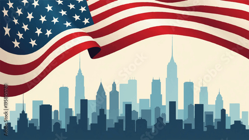 American flag waving over New York City skyline vector illustration