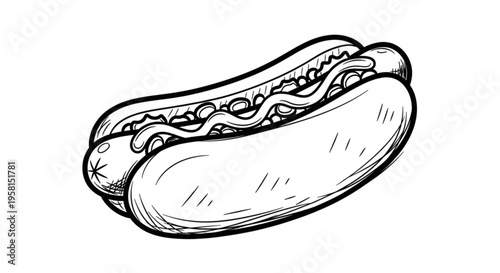 Delicious hot dog with condiments on a bun tasty food illustration