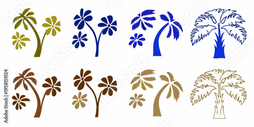 Stylized palm trees and tropical flowers in varied color schemes