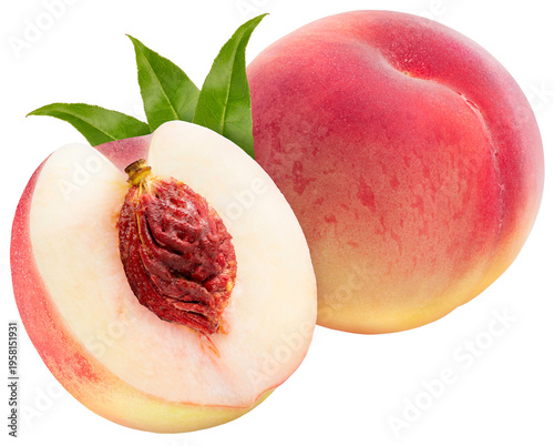 Peach fruit with slices with leaf isolated on white background, Fresh Peach on White Background With clipping path.PNG File.
