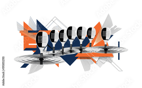 Black and white synchronized paddles hitting water in unison, dynamic linear rays and circular ripples expanding from impact points, flat orange and navy blue