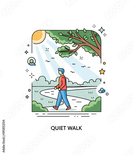 Person enjoying a solo walk through a sun-dappled park relaxed figure strolling along a winding park path while soft sun rays filter through leafy tree