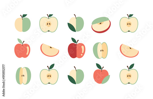 Sweet apple snack with apple slices, wedges and leaves forming playful grid, seamless pattern, repeating pattern, surface design, textile print, soft color