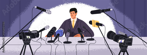Press conference. Journalists interview politician with microphones. Business man in suit with public speaking for news. Speaker performs with report, speech on convention. Flat vector illustration