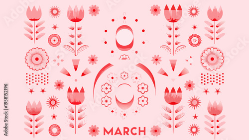 Stylized red floral arrangement with march text in a symmetrical design