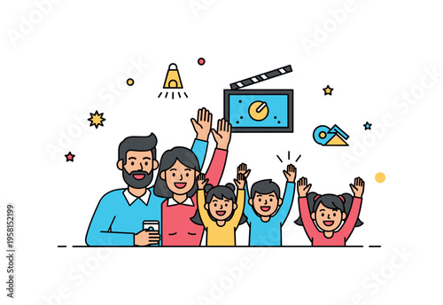 Parents dimming lights while children cheer for the start of a family movie marathon, capturing anticipation and playful energy. Minimalist flat vector