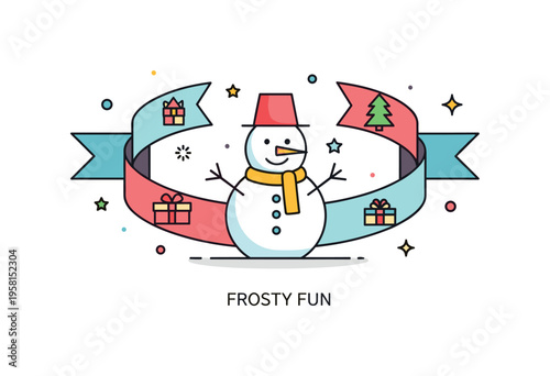 Snowman party banner design showing a cheerful snowman silhouette framed by curved ribbon shapes. Subtle decorative stars and a short ?Frosty Fun? caption