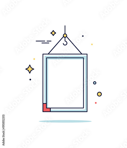 Modern interior accent illustration built around a clean hanging frame with a thin string and small hook detail, emphasizing simplicity and negative space. The